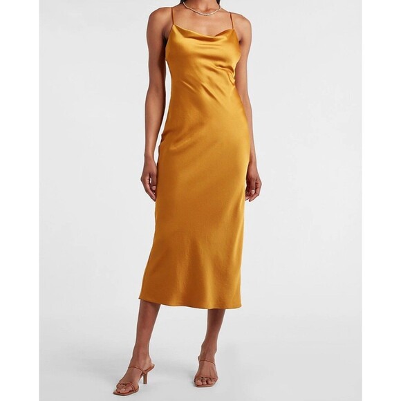 Express Honey Yellow Satin Cowl Neck Midi Slip Dress Size Small - Picture 1 of 7